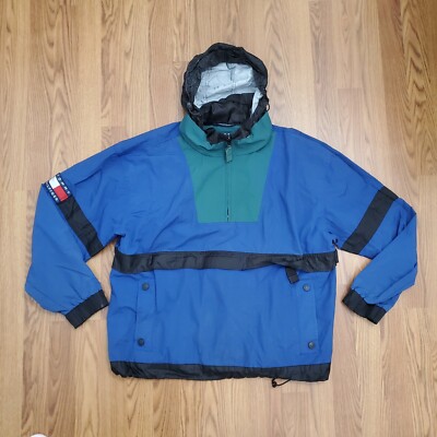 Vintage 90s Tommy Hilfiger Blue/ Green Half-zip Hooded Rain/ Wind Jacket Large -image