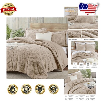 Fluffy King Fleece Comforter Set - 3 Pieces, Warm Beige Bedding Luxurious Touch-image