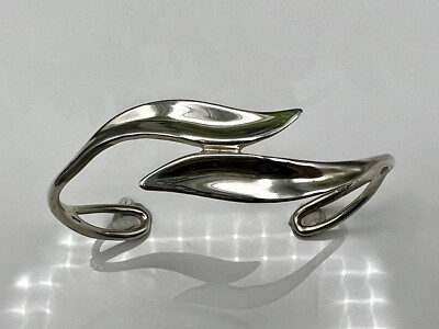 Vintage Sterling Silver Leaf Design Cuff Bangle Birmingham Import  T&J 16.2g-image
