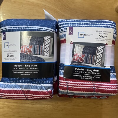 (2)Mainstays Vintage Americana King Sham Blue & White & Red Polyester-image