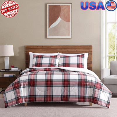 3pc Comforter Set Full Queen Red Tartain Plaid Reversible Flannel Sherpa Bedding-image