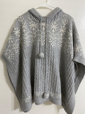 Soft Surroundings Poncho Sweater Cozy Cable Knit Falala Pom Poms Hooded NWT-image