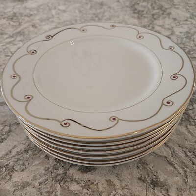 7 Pier 1 Holiday Scroll 7.5” Salad Plates Porcelain Gold Scroll Red Dots Set 7-image