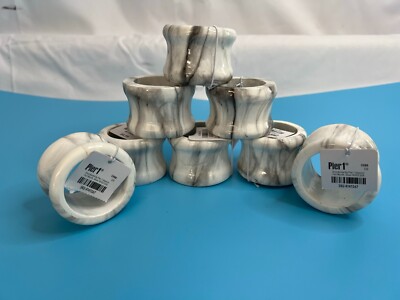 Pier 1 White Gray Marble Design 8 Count Napkin Rings Holders NWT-image