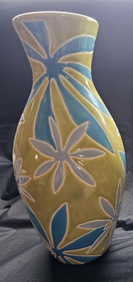 Pier 1 Imports Retro Vase Turquoise Lime Flowers Abstract Design 13 1/2