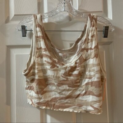 NWT Colsie Women's Cream/Tan Camo Cozy Cropped Pajama Top Large-image