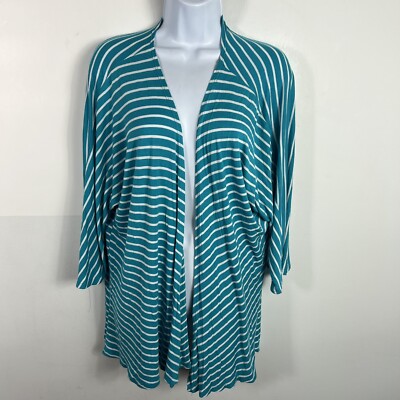 Lula Roe Womens Cardigan Sweater Sz S Aqua Blue White Stripe Simply Comfortable -image