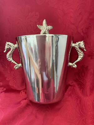 NEWNWT FLAWLESS Silver PIER 1 IMPORTS Stainless SEAHORSE ICE BUCKET STARFISH LID-image