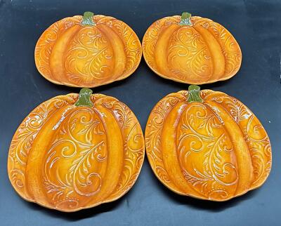 Set of 4 Pier 1 Imports Majolica Pumpkin Salad Cake Dessert Plates-image