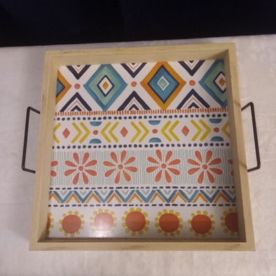 Pier 1 Imports Aztec-Southwestern-Boho Wooden Serving/Bar Tray-Metal Handles-image