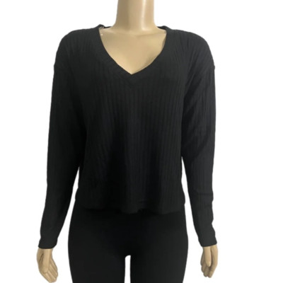 Victorias Secret PINK Soft Cozy Ribbed Thermal Cozy V-Neck Pullover Small Black-image