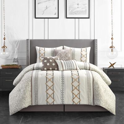 Stratford Park Luxury 7 Piece Cozy Comforter Set, Queen Size, Taupe, Embroidered-image
