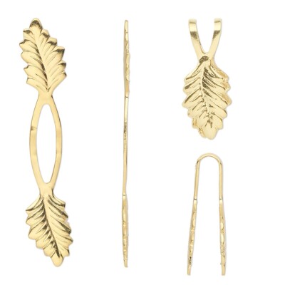 Bail, Fold Over, Gold Plated Brass Glue on Y Leaf 39x7mm Pendant with 20mm Grip-image