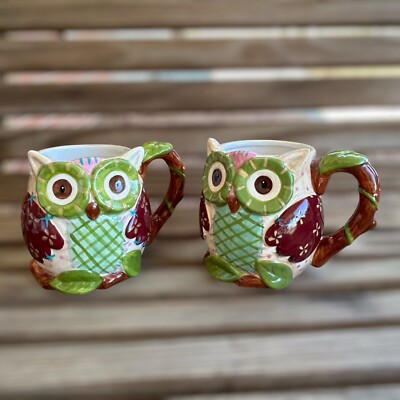 Pier 1 Imports Olli the Owl 3D Coffee Mug Hand Painted Large 25 Oz Set Of 2-image