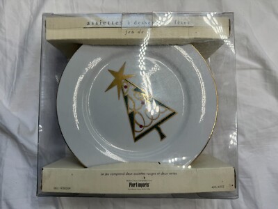 4 Pier 1 Imports Christmas Tree Appetizer Dessert Plates Red Green Gold 7.5