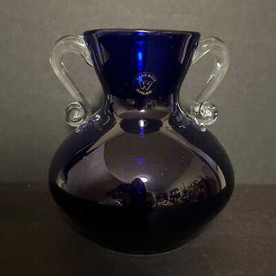 Poland Wanda Imports Hand Blown Cobalt Blue Clear Double Handled Vase Stunning!-image