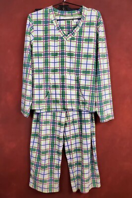 Intimate Essentials Fleece Pajamas L V-Neck Green & Purple Plaid Kangaroo Pocket-image