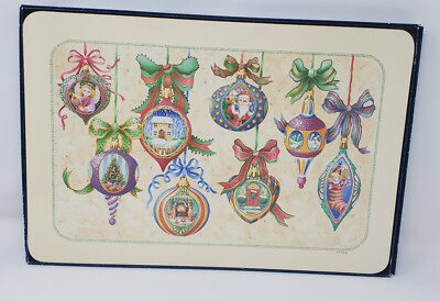 4 Vtg Pennyroyal Christmas Placemats Ornaments Melamine Corkback Boxed 1995 -image
