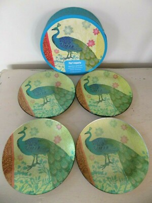 Set of 4 Pier 1 Imports Glass Appetizer Plates Peacock Brushed Metallic Design-image