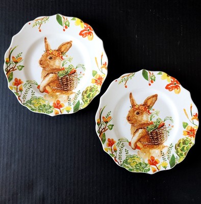 Set of 2 Pier 1 Imports Lilly Easter Bunny Rabbit Salad Plates Retired 8.5”-image