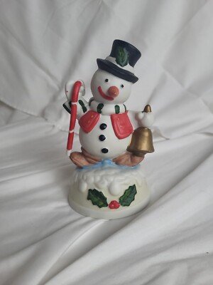 Vintage Flambro Snowman Porcelain Christmas Decor Musical Wind Up Figurine-image