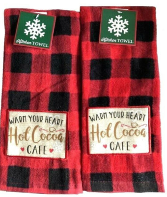 Christmas Dish Towels Buffalo Plaid Check Red Black 100% Cotton 15x25