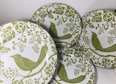 Pier 1 BIRD Salad Dessert Plates Stoneware Sage Green 8.25” Set Of 4 EUC-image