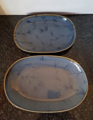 PIER 1 IMPORTS BLUE FLOWER OLIVE TRIM GLAZED SERVING TRAYS PLATES - SET OF 2-EUC-image