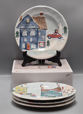 Pier 1 Imports Set of 4 Ironstone Salad Plates NIB Christmas Village Plates 8.75-image