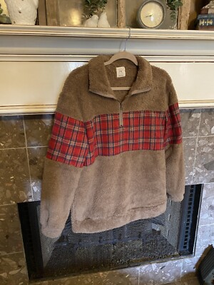 Grace & Emma G+E Size Medium Brown Sherpa and Red Plaid Oversized Cozy Pull Over-image