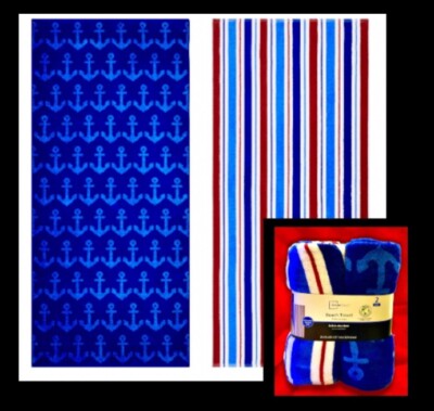 2 Pack 5ft Printed beach towels blue/red,84% Cotton,Soft/Absorbent,w Hang Loop-image