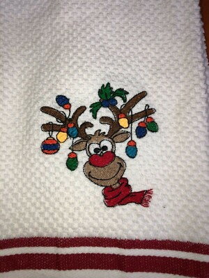  Embroidered Striped Kitchen Hand Towel  Rudolph Reindeer Christmas Tree Lights -image