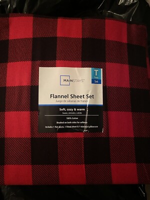 MainStay ~3 Piece ~ Twin Red/Black BUFFALO Plaid ~ Cotton Flannel Sheet Set NEW-image