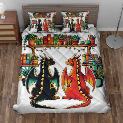 Book Dragon Plant Quilt Bedding Set, Book Lover Gift, Cozy Reading Lover Gift-image