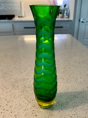 Pier 1 Imports Tall Green Ombre Glass Wave Bottle Vase Home Decor Grinded Design-image