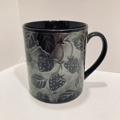VTG Pier 1 Imports Black & Silver Embossed Strawberries Coffee Mug Tea Cup JAPAN-image