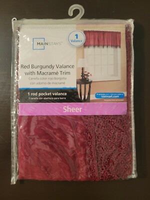Mainstays Red Burgundy Valance w/ Macrame Trim 1 Sheer Rod Pocket Valance (NEW)-image