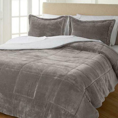 Warm Cozy Plush Sherpa Reversible 3piece Comforter Set, King/Cal King , Silver-image