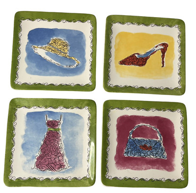 PIER 1 IMPORTS Apparel Appetizer Dessert Plate Set of 4 Dress Hat Purse Stiletto-image