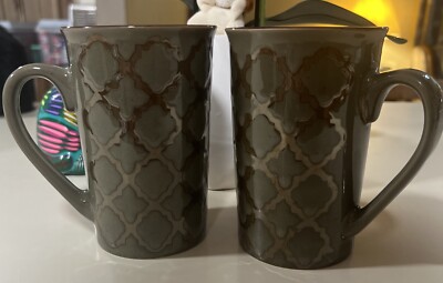 Pier 1 Set Of 2 Tall Mug Coffee Tea Olive Brown Gold Tone Design 16oz-image