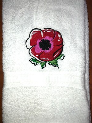 Embroidered White Bathroom Hand Towel  Red Poppy Flower  Memorial Day HS1370-image