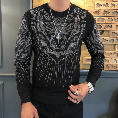New Men Luxury Diamond Tiger Rhinestones Fashion Black Pullover High Quality-image