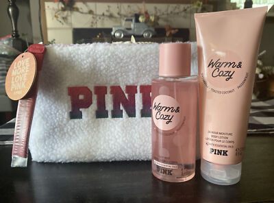 VICTORIA'S SECRET PINK WARM & COZY 3 PC SET  Full Size BODY MIST & LOTION w/BAG-image