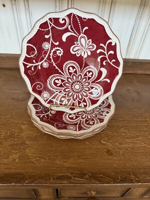 Set of 4 PIER 1 Maribeth Red Ironstone Salad Dessert Plates Red And Ivory-image