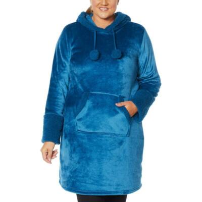 Soft & Cozy Hooded Oversized Tunic w Sherpa Poms SZ Medium Large Navy Blue HSN-image