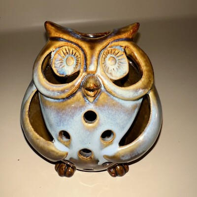 Pier 1 Imports Ceramic Owl Boho Cottagecore Tealight Candle Holder Blue Pottery-image