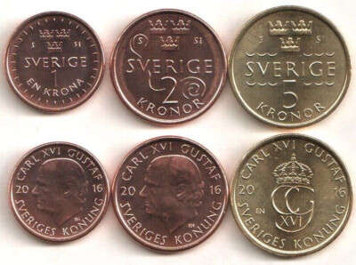SWEDEN COMPLETE COIN SET 1+2+5 Kronor 2016 UNC UNCIRCULATED LOT of 3 COINS-image