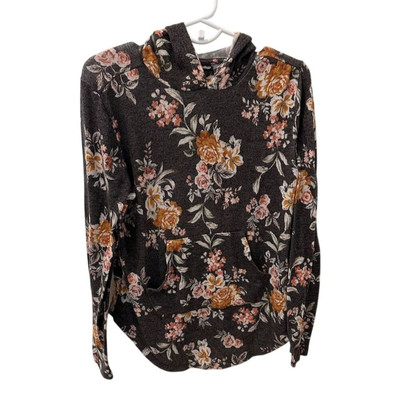 Womens Gray Floral Hoodie Medium Lounger Cozy Casual Kangaroo Pocket-image