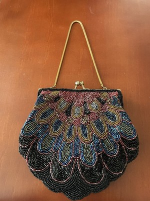 Vintage Clamshell Shape Multi-Colour Beaded Design Evening Bag, ADJ Imports-image