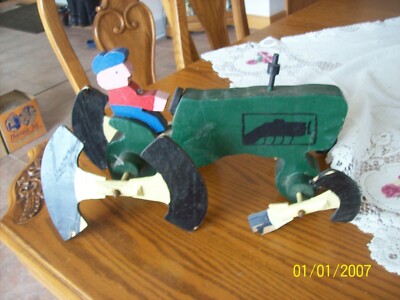 Folk Art Vtg Rare Handmade Wooden Whirligig Farmer & Green Tractor & Spinner's-image